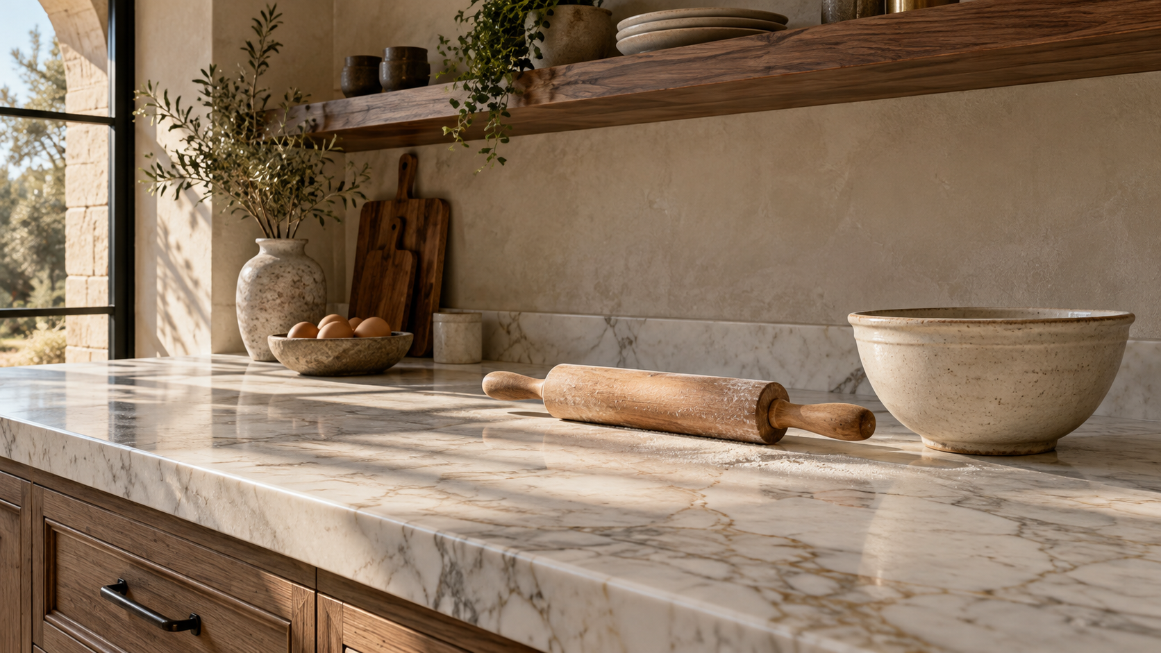 Honed Calacatta marble baking counter showing natural patina