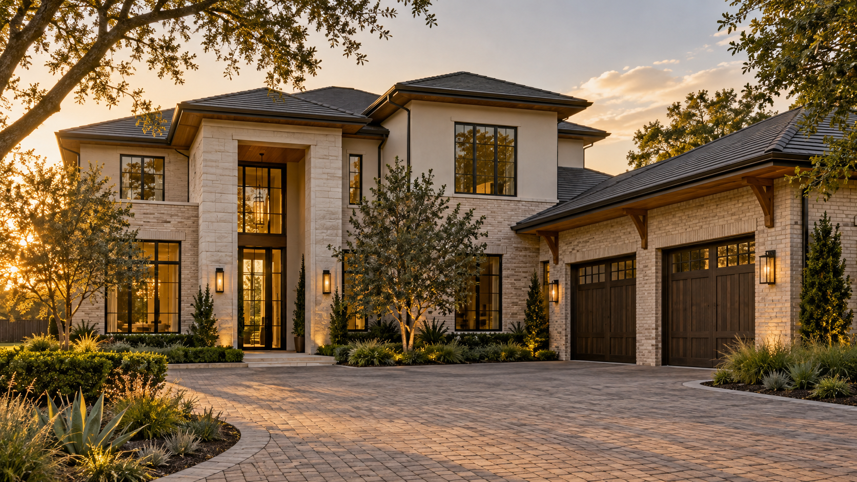 Custom home with two separate garage doors facing a landscaped motor court