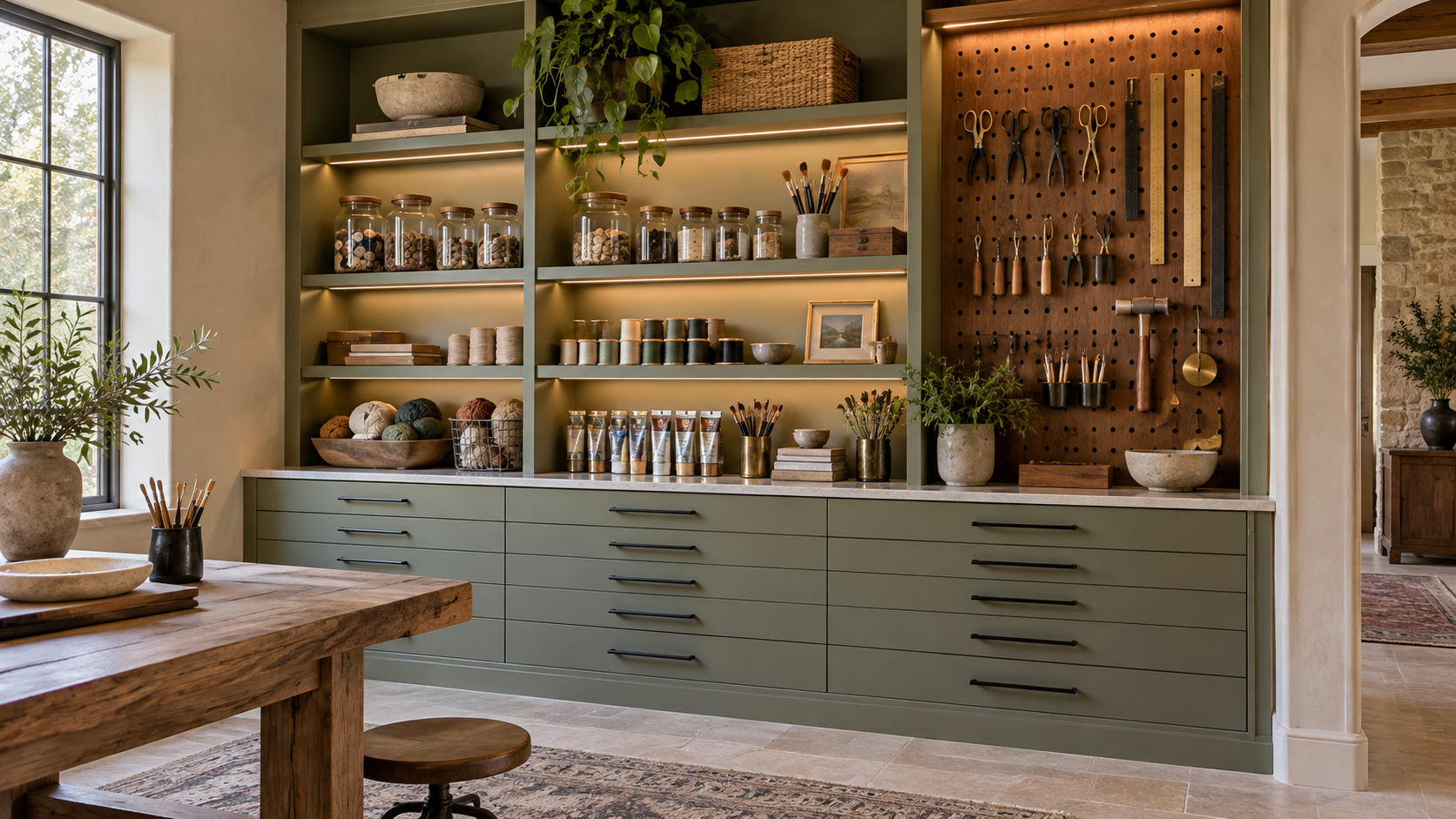 Built-in craft storage wall with open shelves, flat-file drawers and pegboard