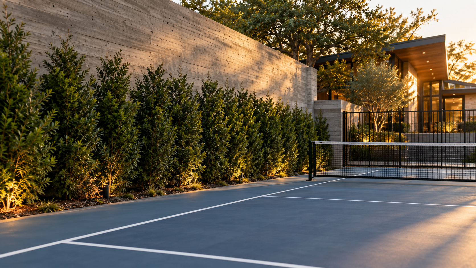 Solid concrete wall and evergreen hedge screening one side of a backyard pickleball court for noise