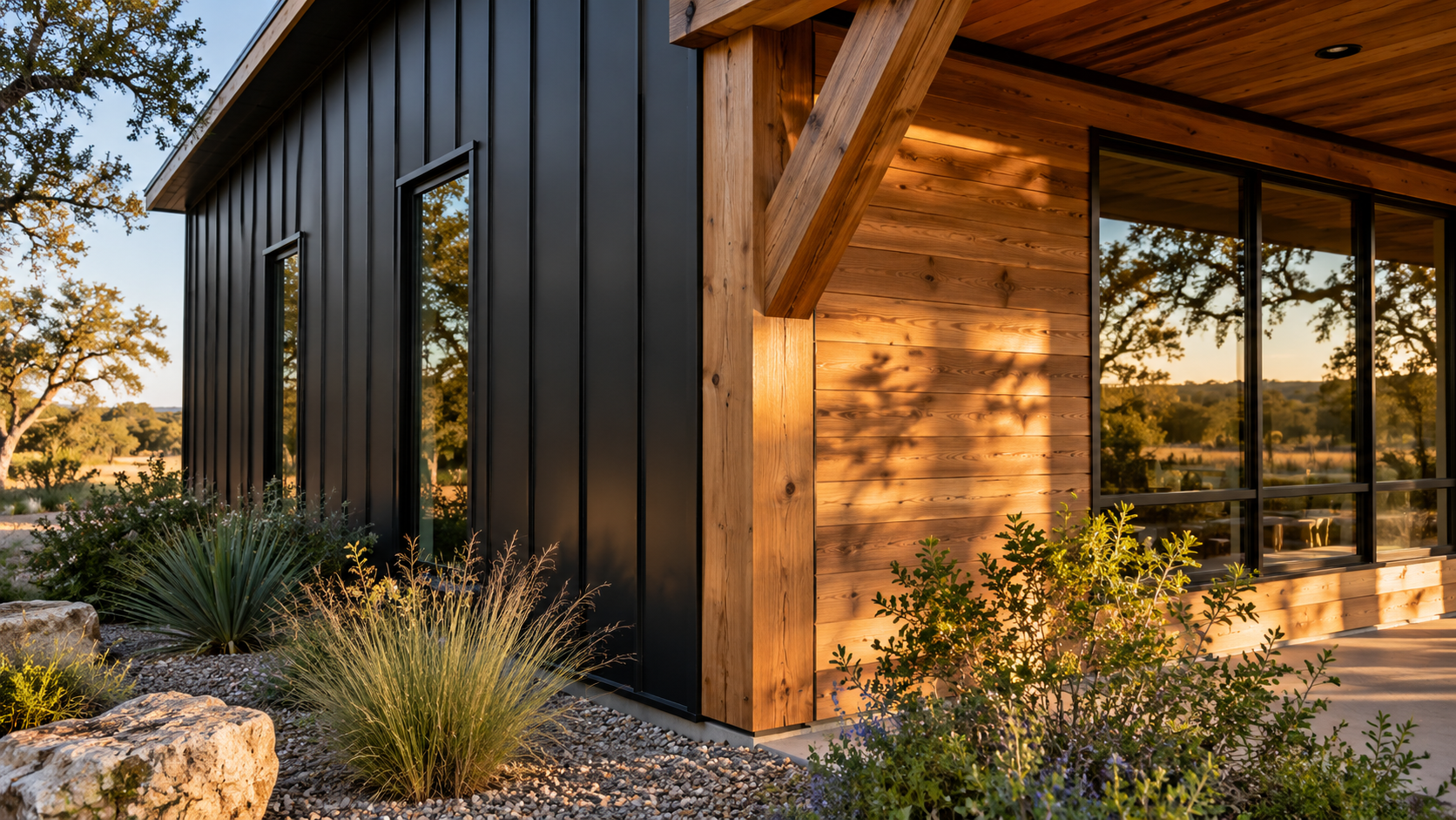 Close-up of black metal siding meeting cypress wood under a deep porch overhang