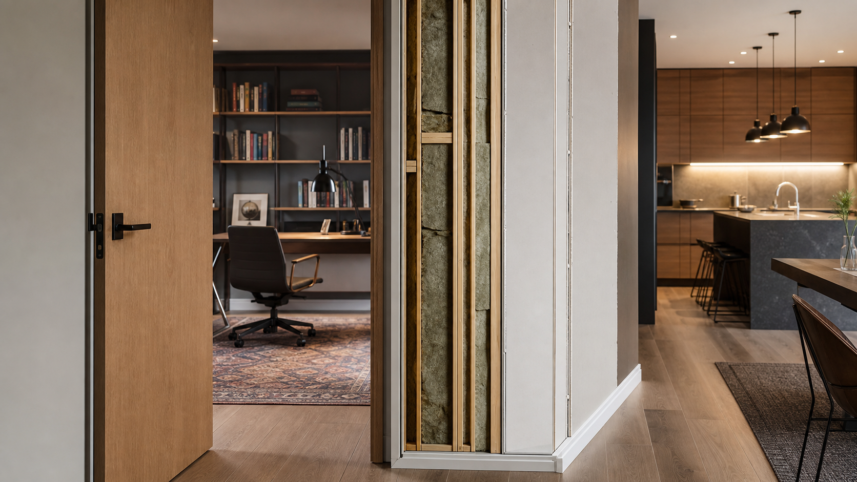 Quiet home office acoustically separated from an open kitchen by a solid double-stud wall