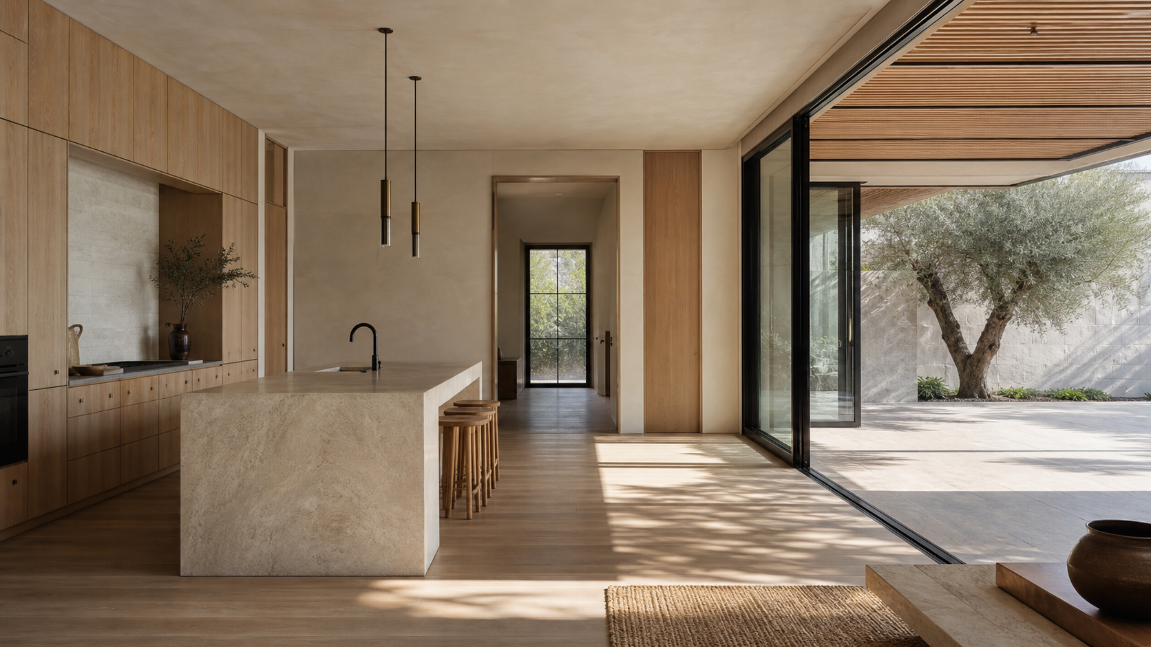 Open-plan living and kitchen interior with white oak, limestone and full-height glass to a shaded patio