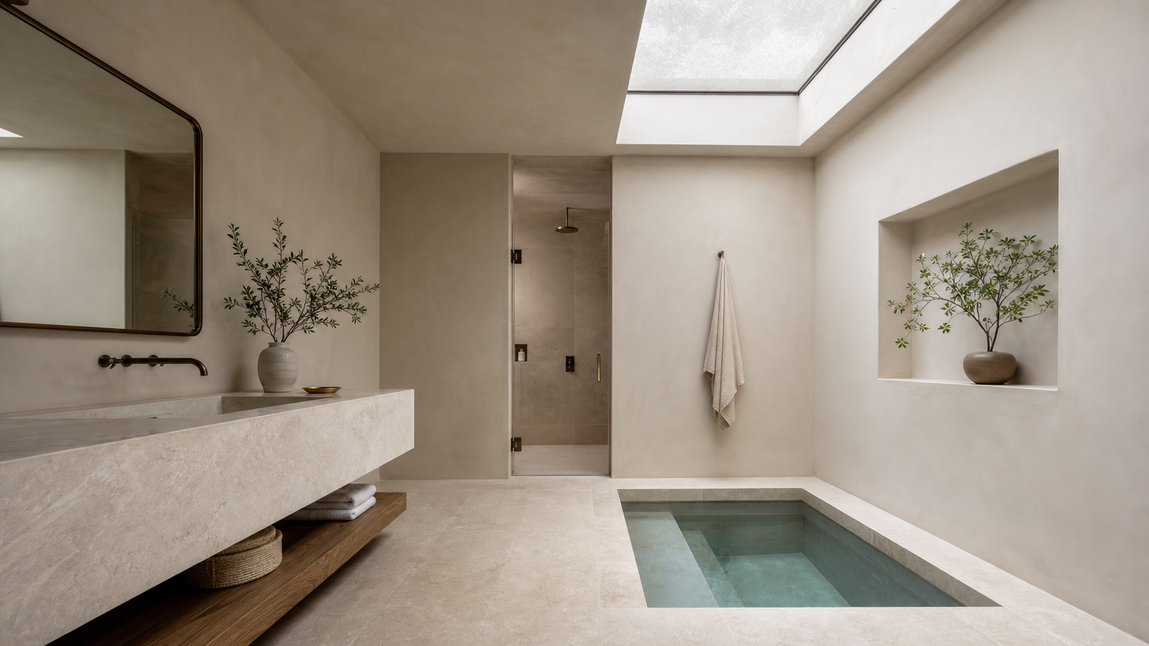 Built-in cold plunge tub in a limestone luxury bathroom