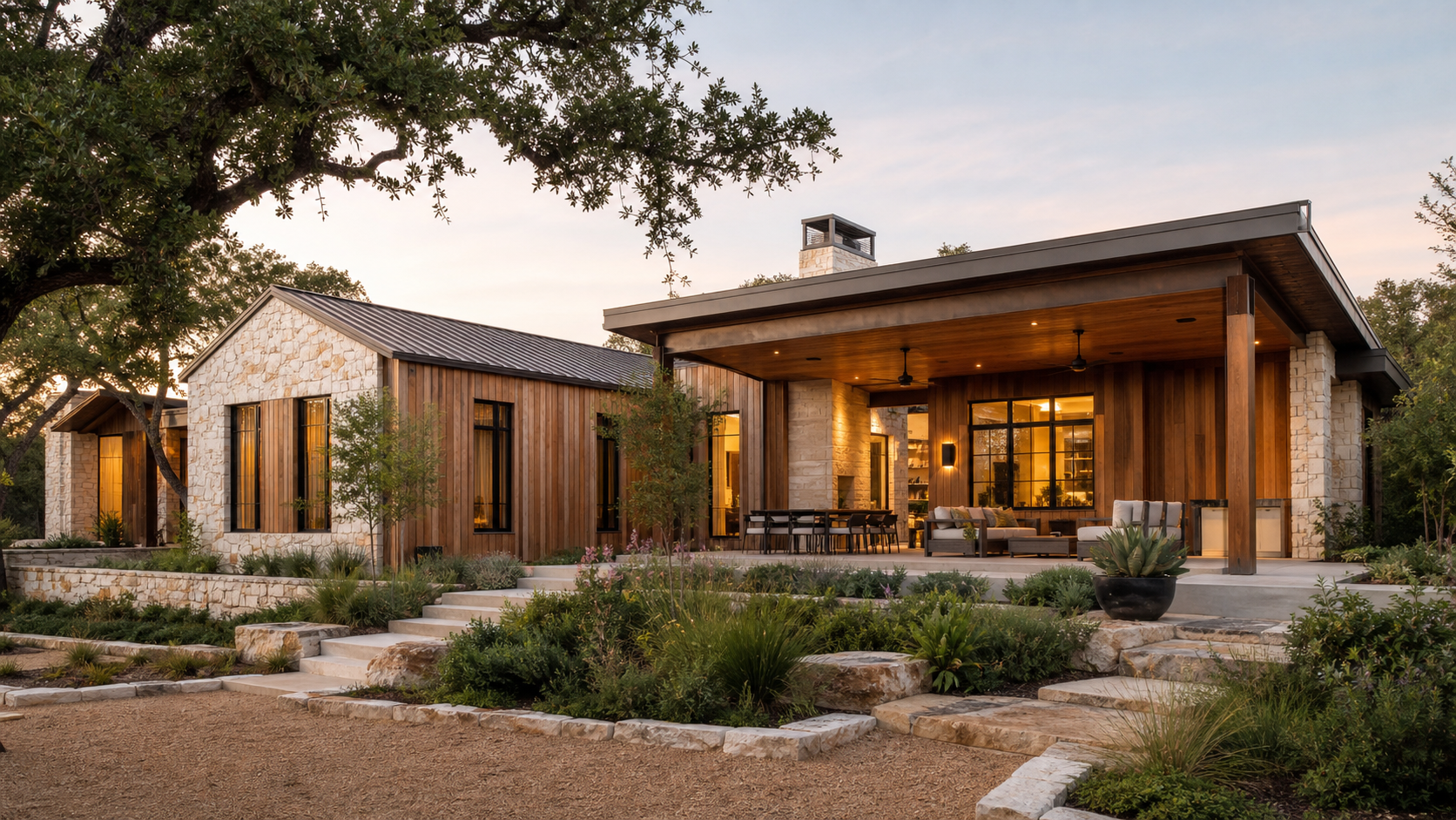 Warm-modern custom home exterior with stone and wood siding