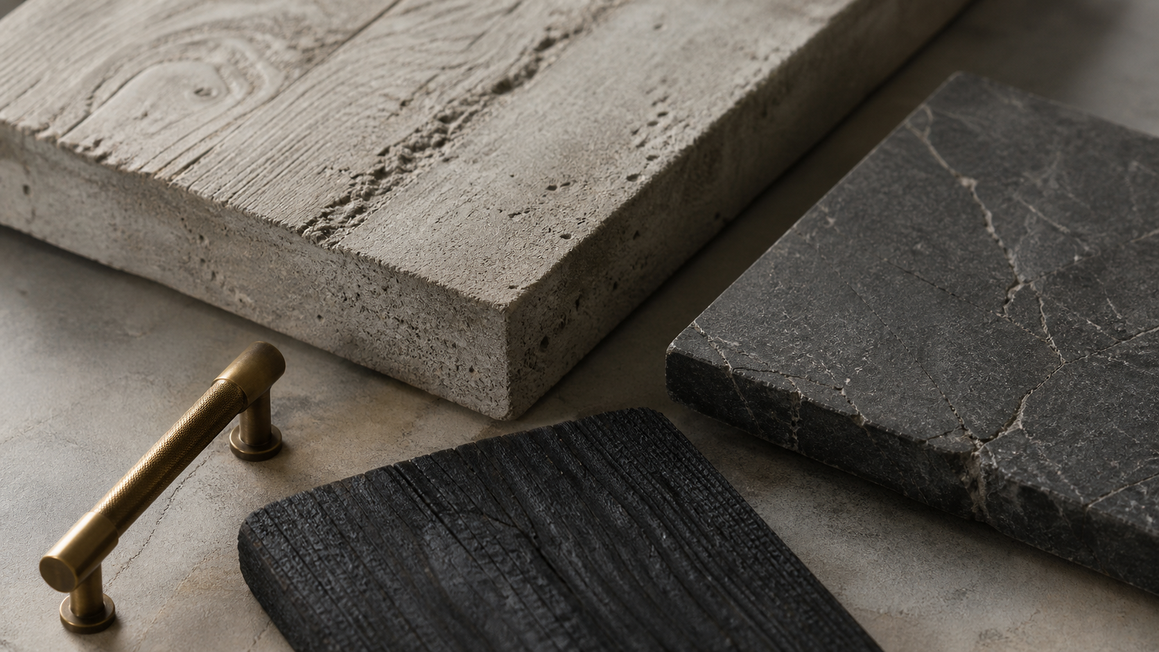 Material sample detail of concrete, limestone, charred wood, and brass