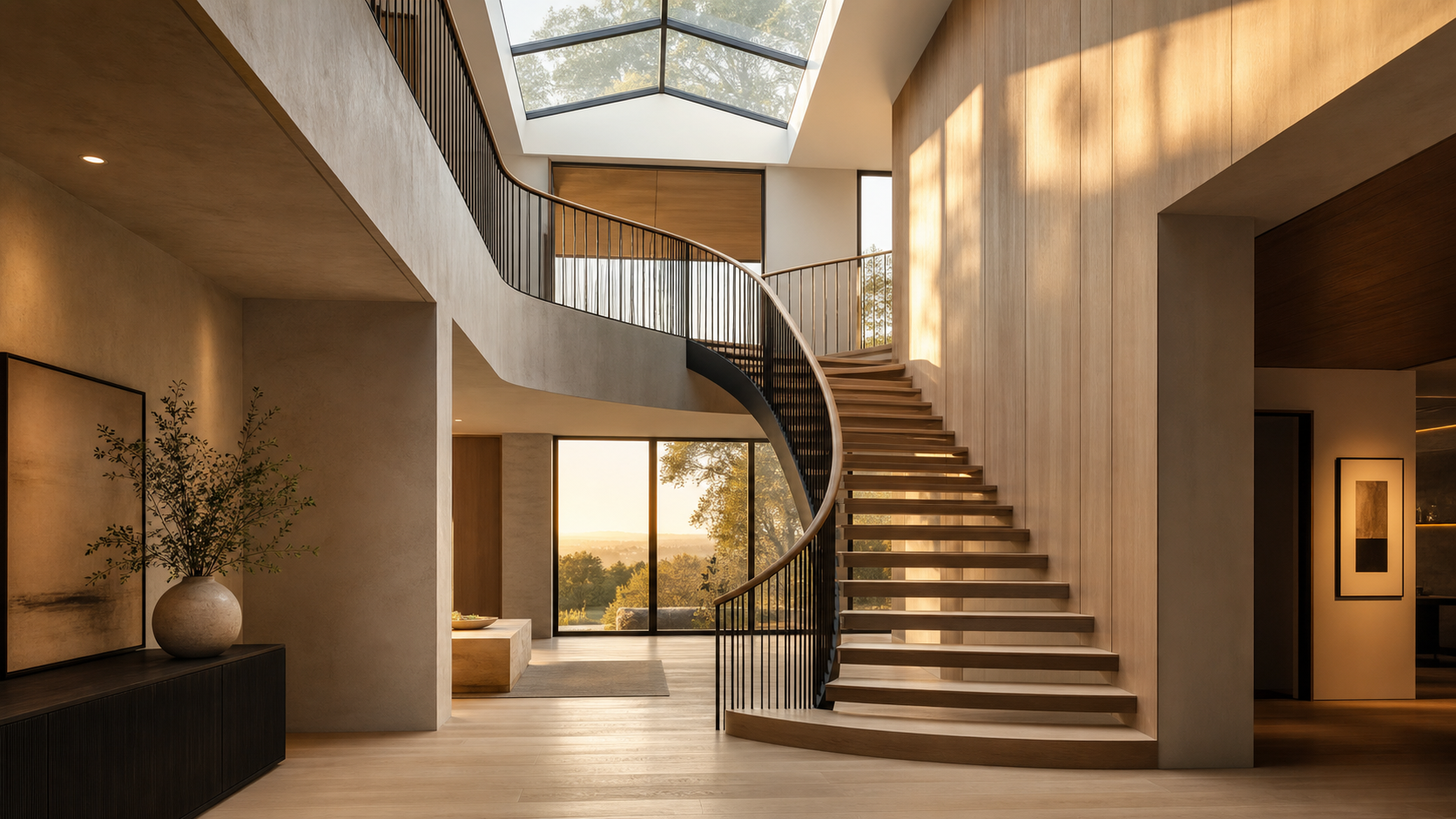 Two-story luxury home foyer with a curved floating staircase lit by a skylight