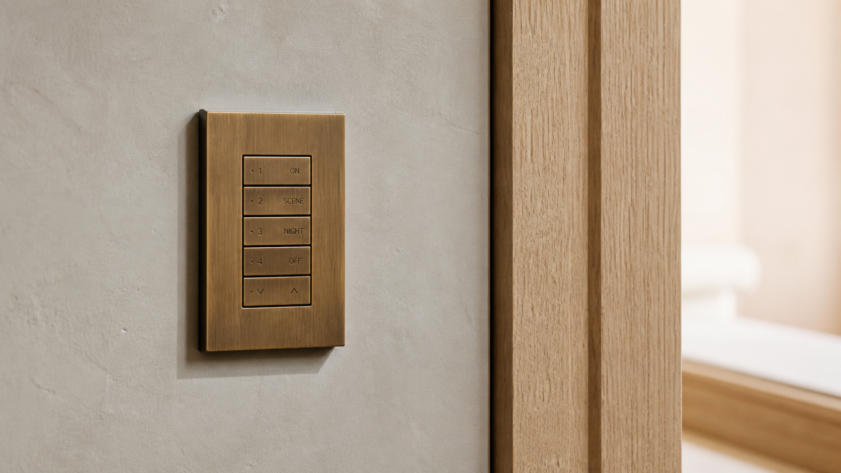 Detail of a single ganged brass keypad flush-mounted in limewash plaster