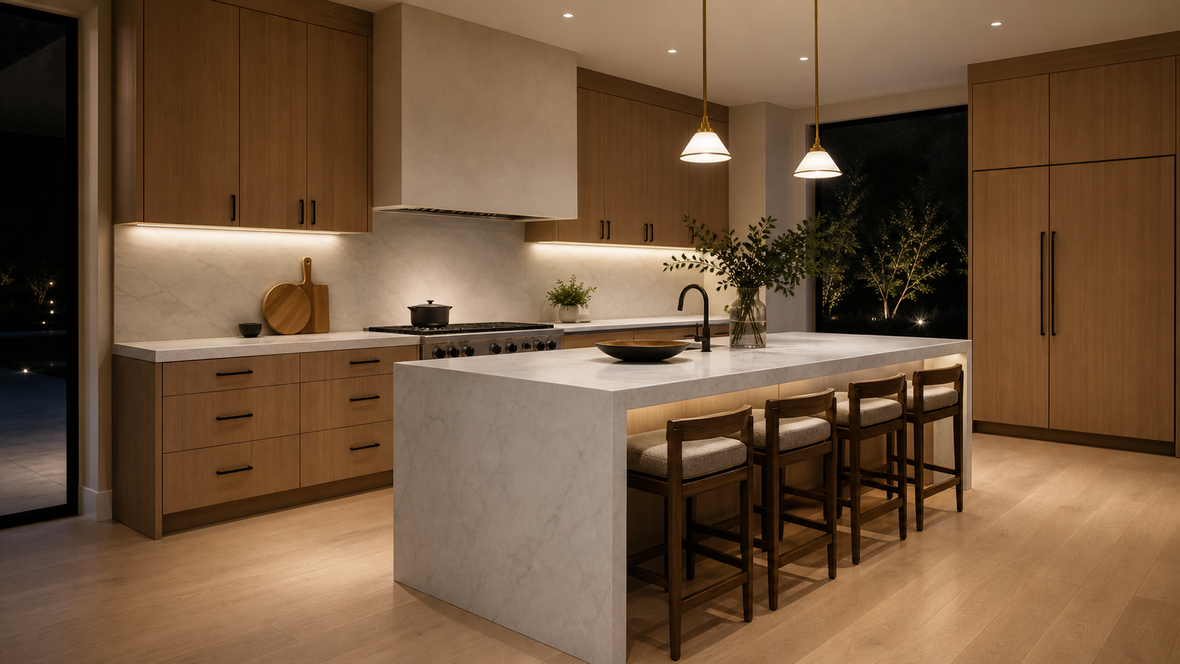 Luxury kitchen at night with downlights over counter fronts and concealed undercabinet lighting