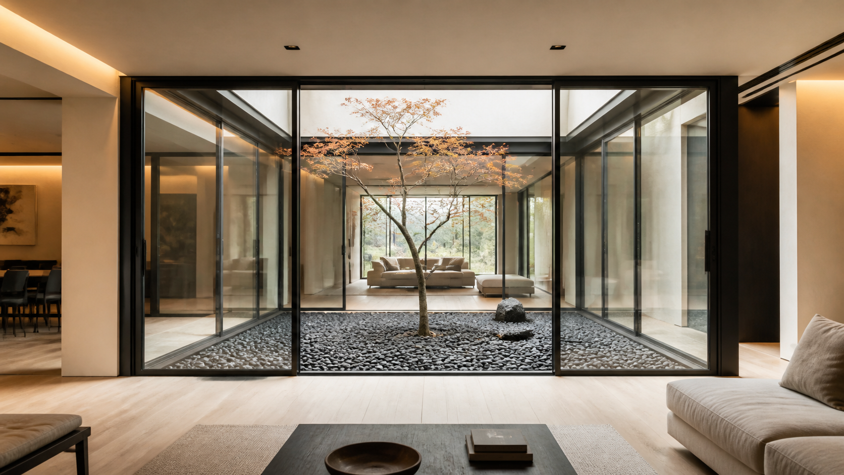 Interior view across a glazed atrium courtyard with a single sculptural tree