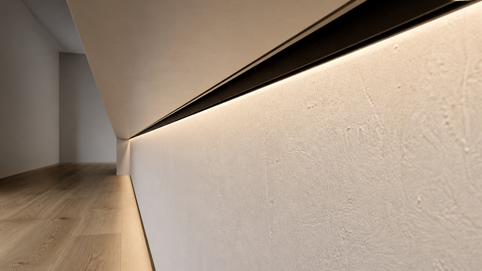 Detail of a recessed ceiling lighting slot grazing a plastered gallery wall