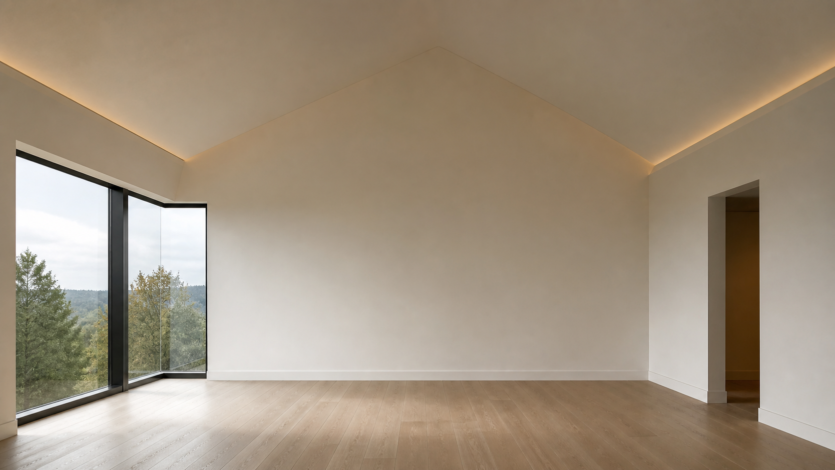 Empty bedroom with a cathedral plaster ceiling lit by a perimeter cove