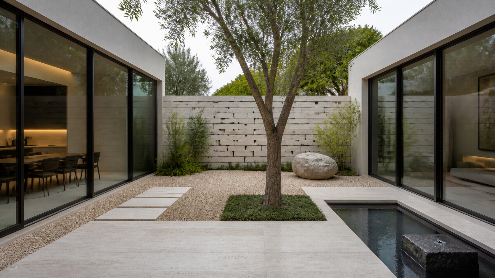 Private interior courtyard framed by glass walls and a masonry privacy screen
