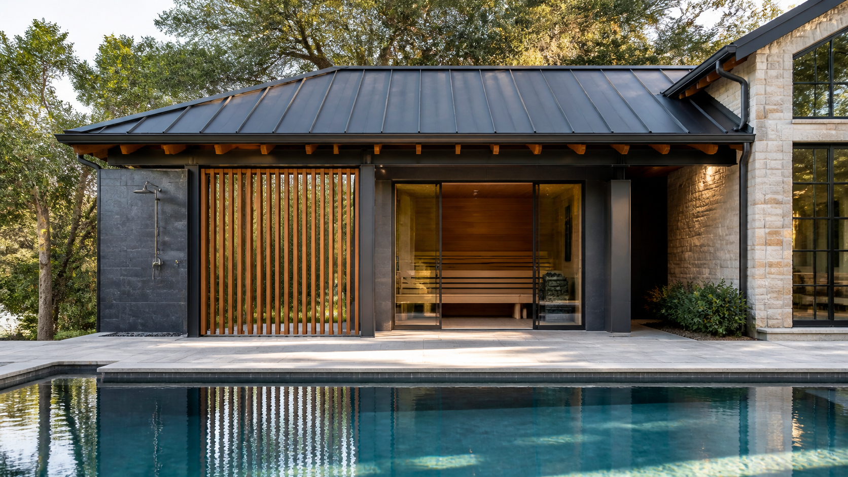 Poolside wellness pavilion with cedar screen and outdoor shower