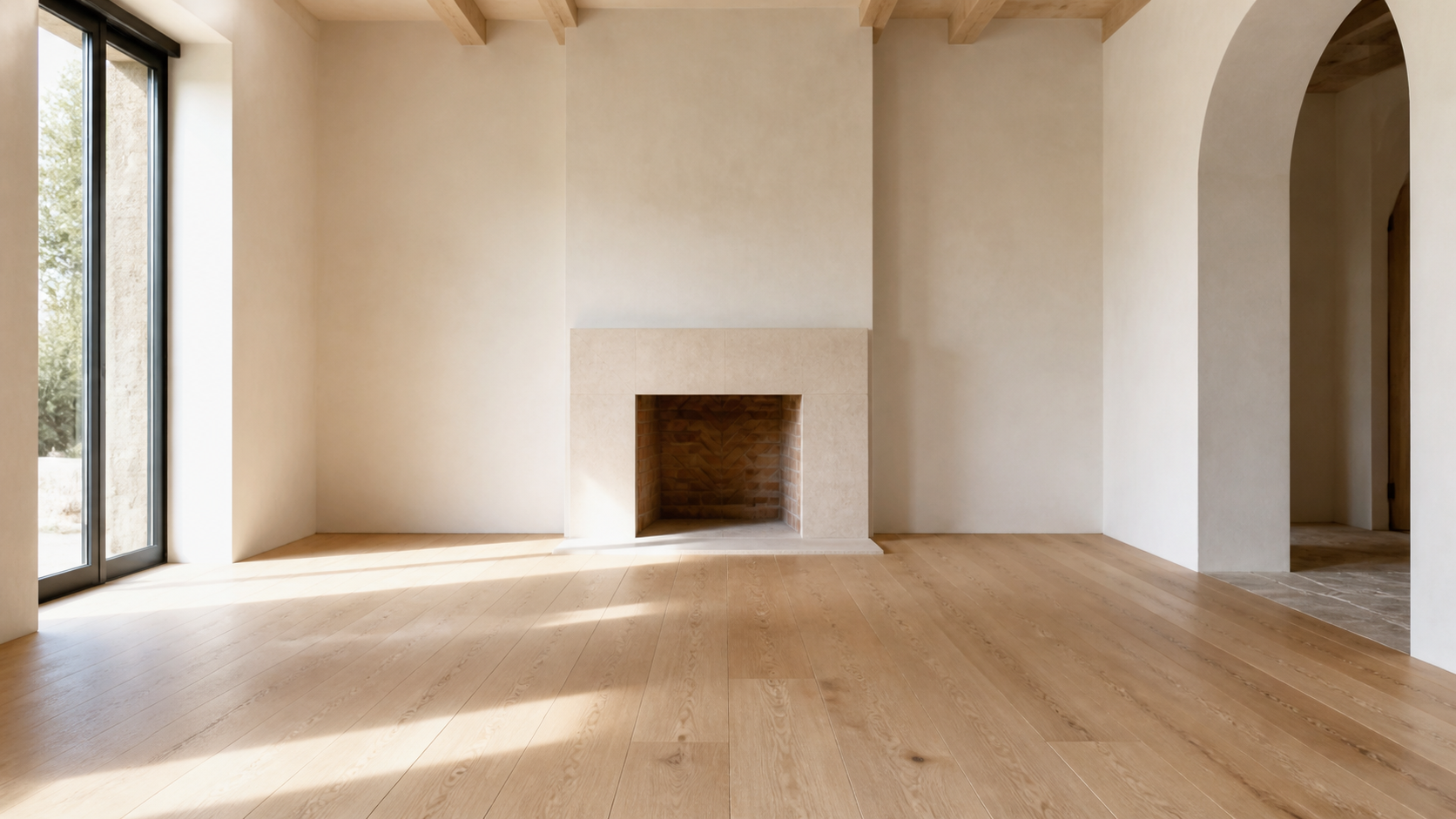 Living room with oiled white oak floors, lime plaster walls, and a honed limestone fireplace