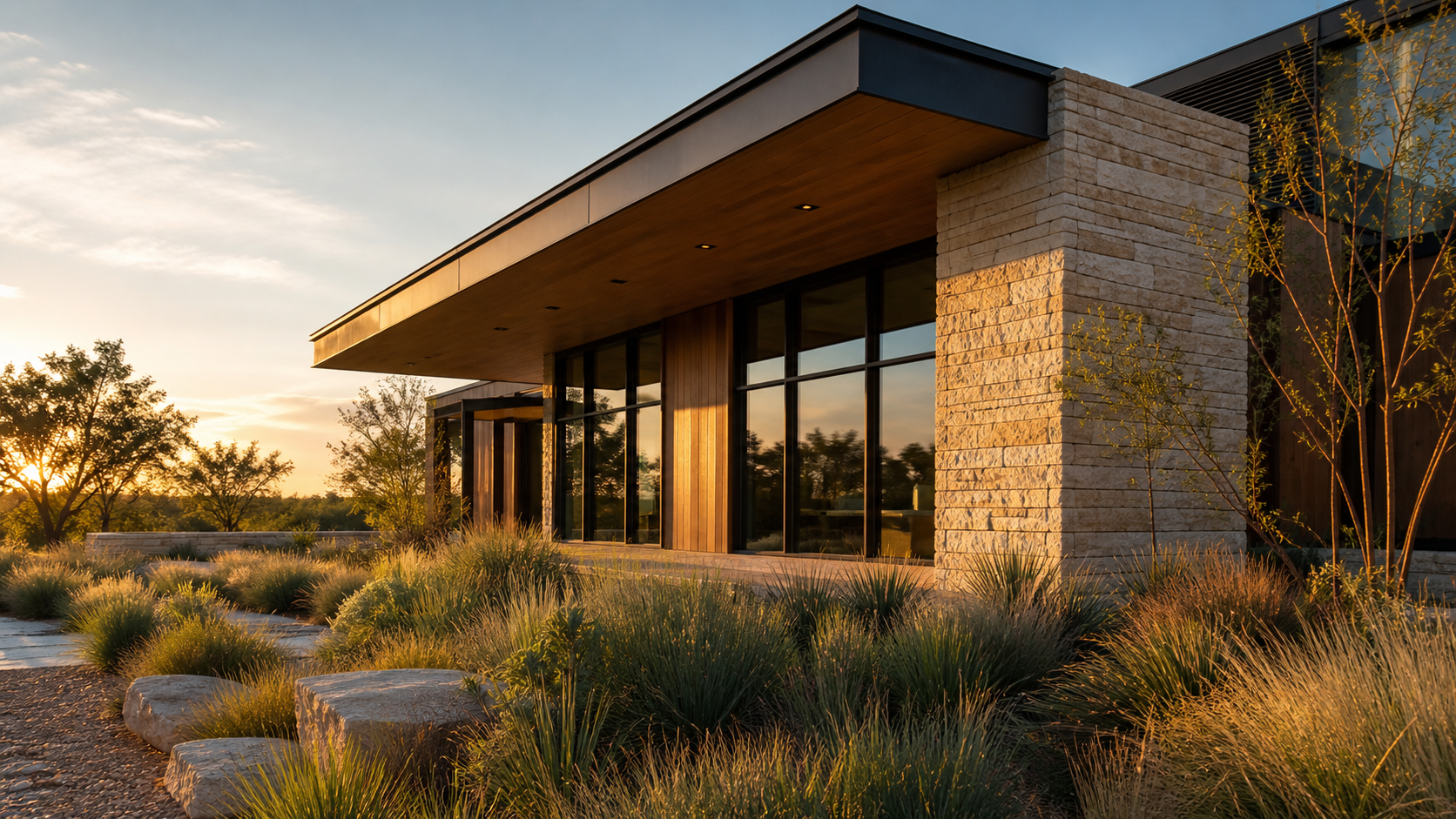 Deep roof overhang shading tall dark-framed windows on a modern Texas home exterior