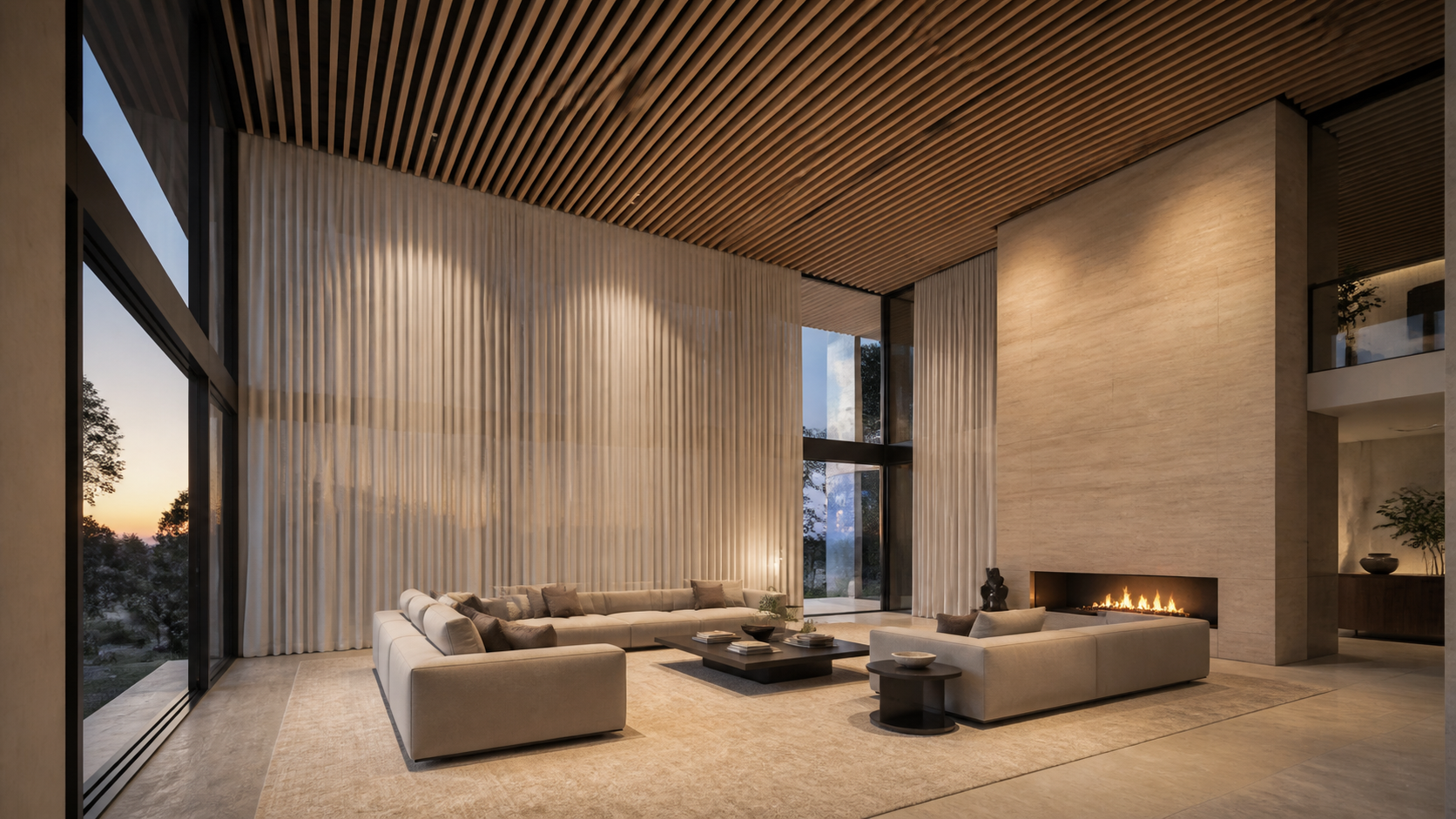 Double-height great room with slatted timber acoustic ceiling, full-wall drapery, and a large wool rug