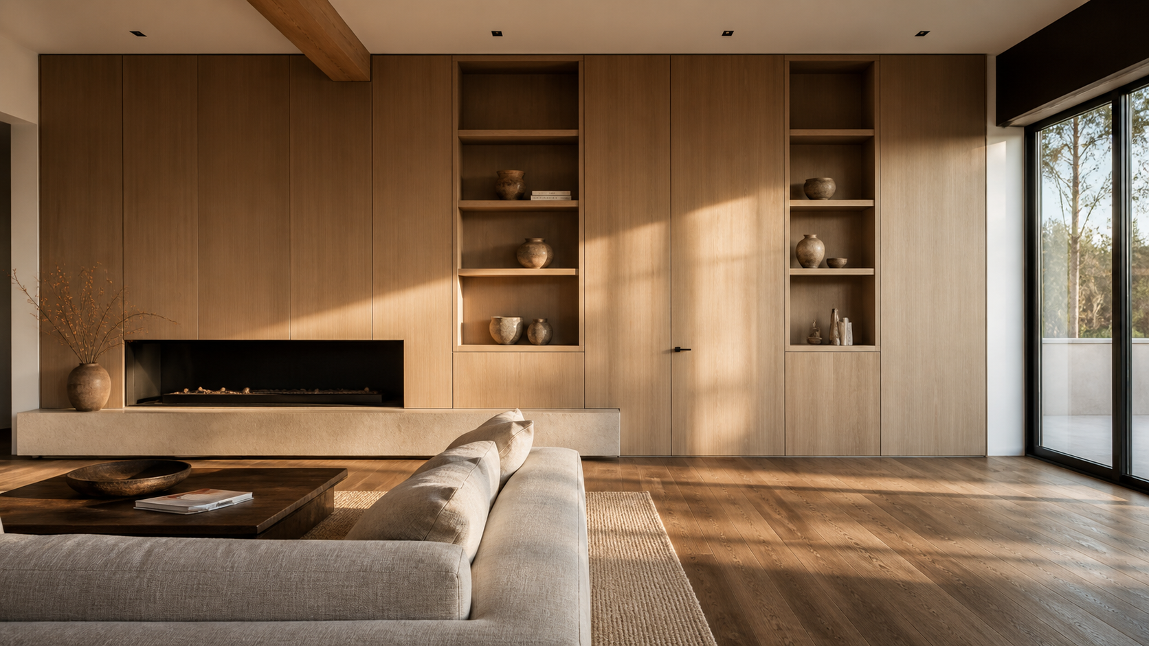 Living room wall of integrated white oak built-in cabinetry with a concealed flush door