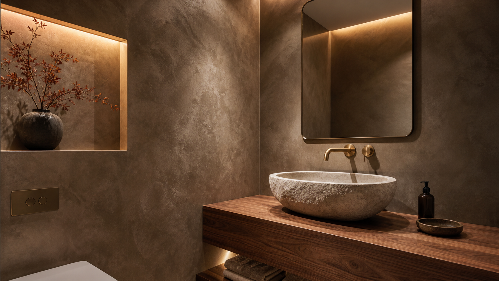 Powder room with burnished Venetian plaster walls and a stone vessel sink