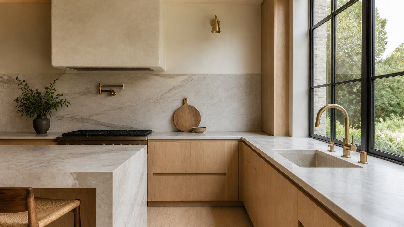Detail of a white oak and quartzite luxury kitchen with a steel-framed window