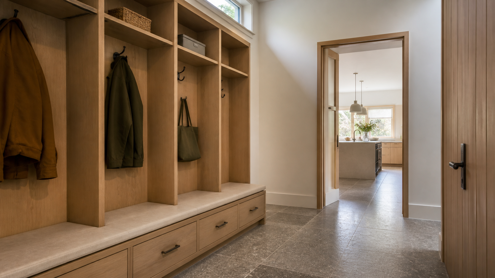 Mudroom with built-in lockers linking the garage entry to the kitchen
