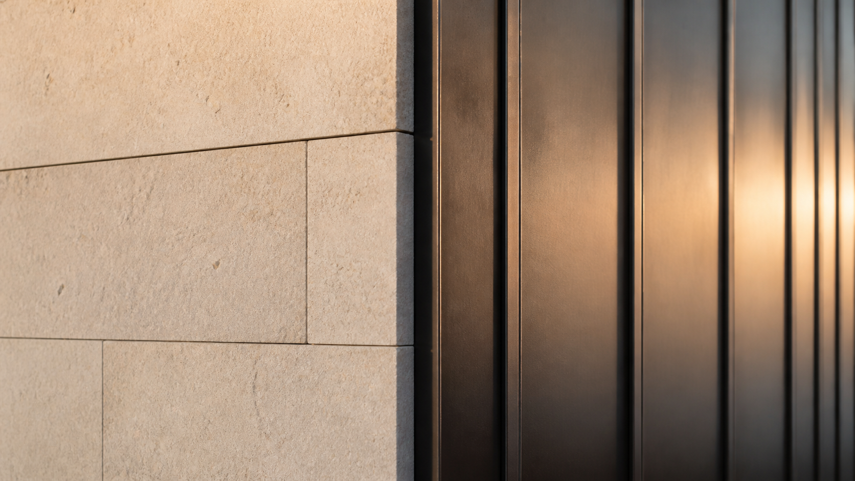 Detail of a shadow reveal between limestone and dark bronze metal cladding at a building corner