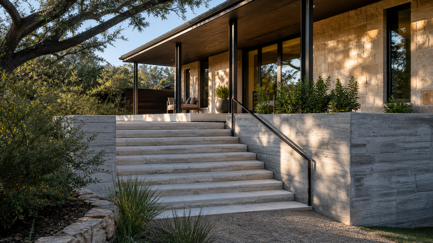 Elevated limestone entry stair leading to the covered porch of a modern Texas home