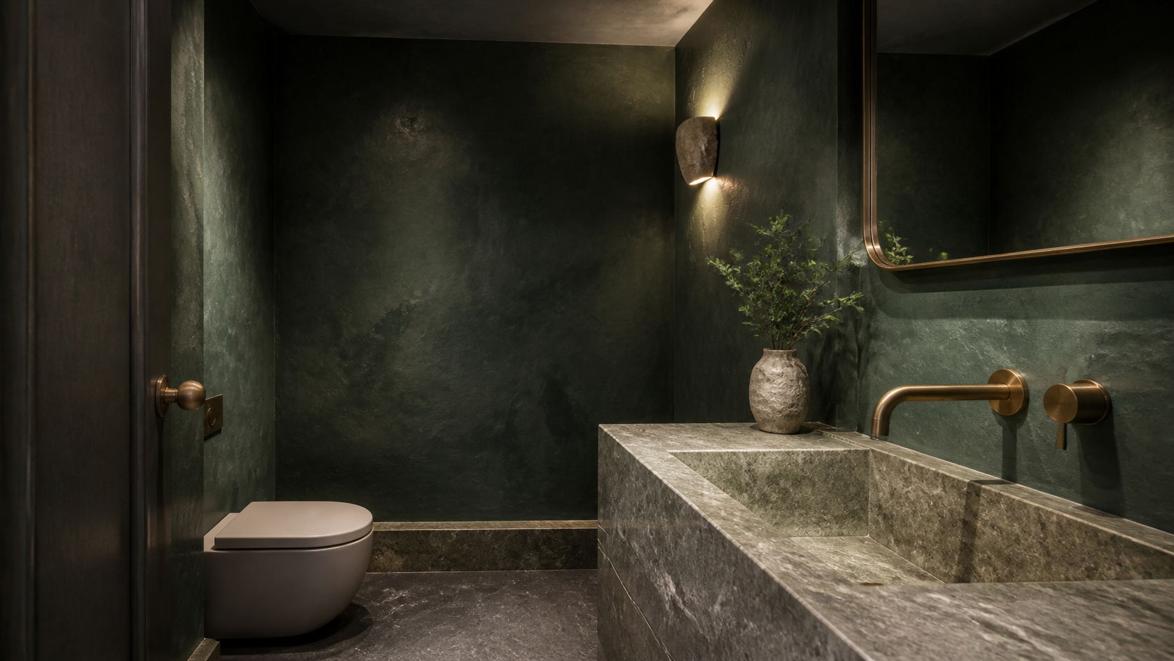 Small jewel-box powder room with a low ceiling and stone vanity