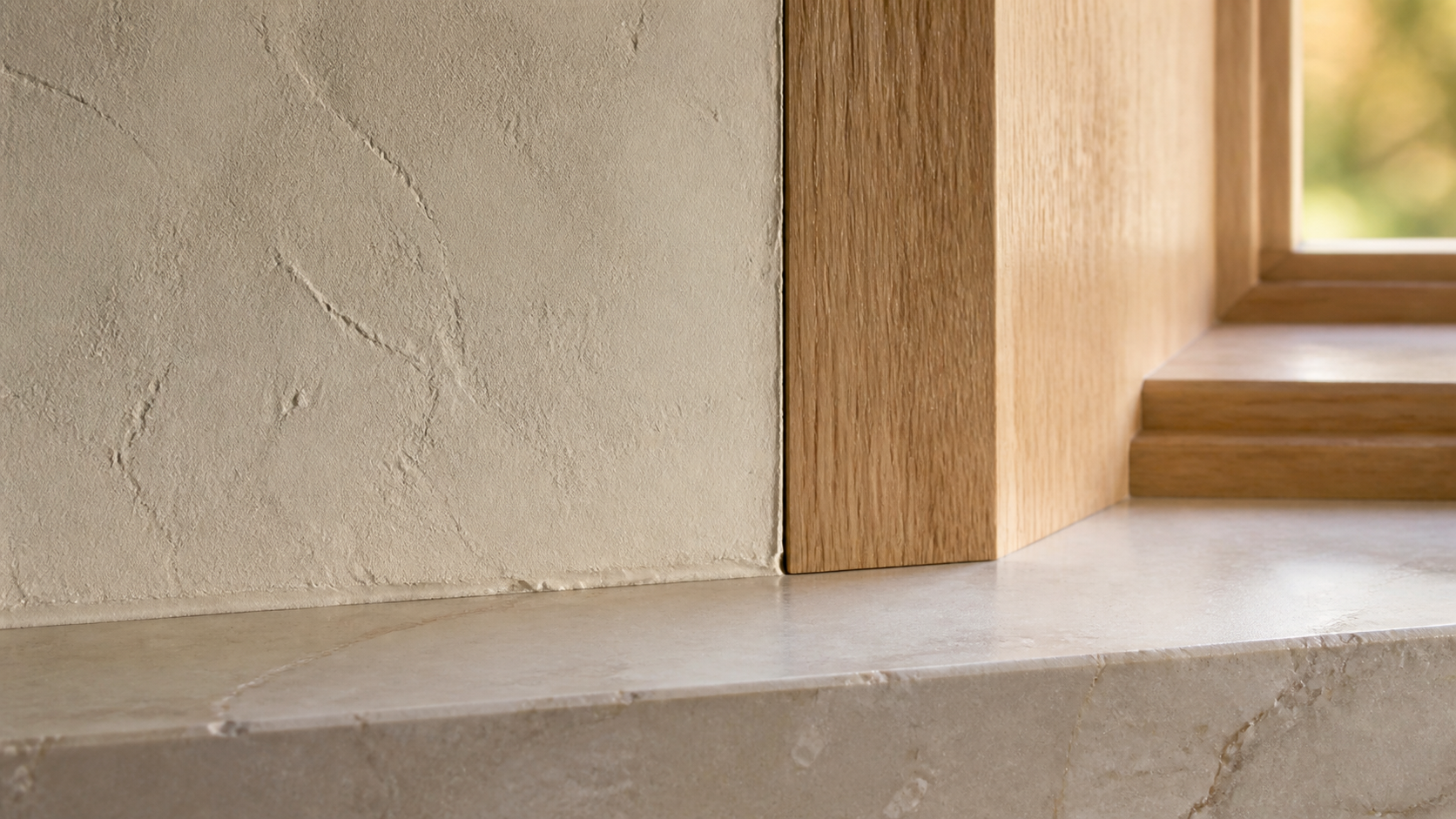 Lime plaster, limestone and white oak material detail