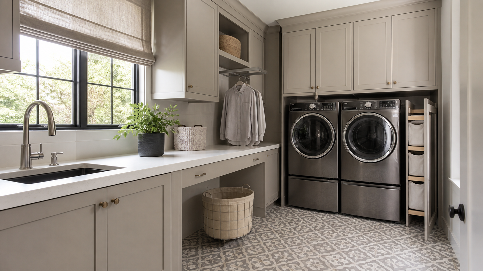 Luxury laundry and utility room with quartz folding counter and full-height cabinetry