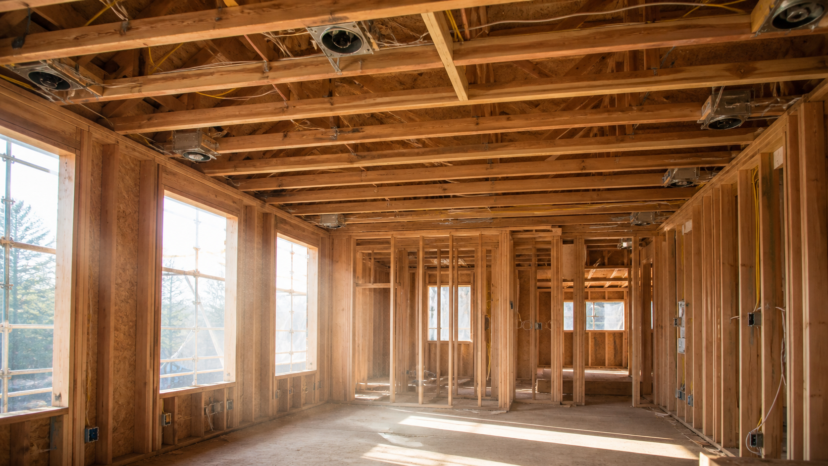 Ceiling rough-in during framing showing recessed housings positioned near walls