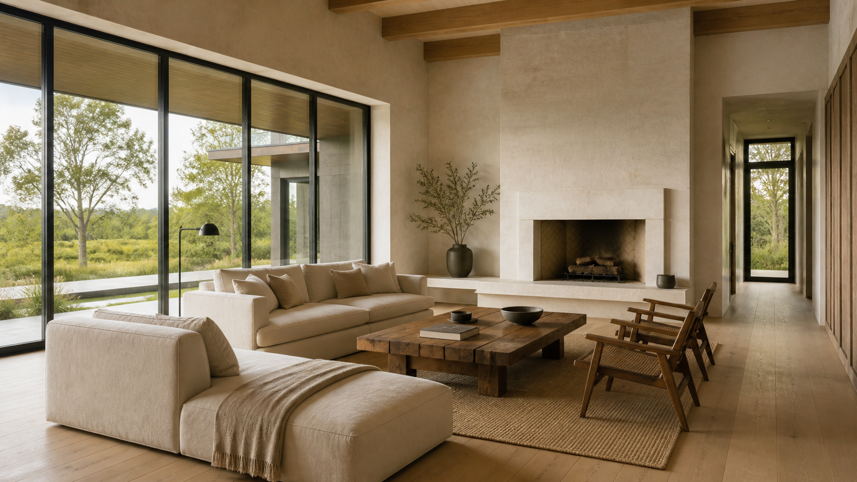 Limewashed plaster and quartersawn oak interior with deeply shaded windows