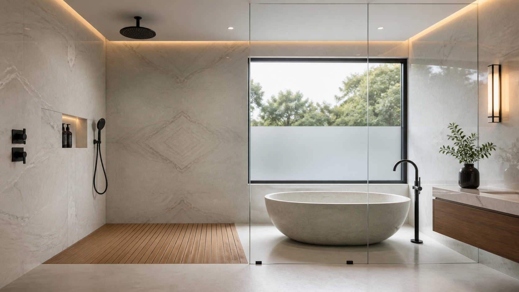 Curbless shower and freestanding tub sharing one wet zone