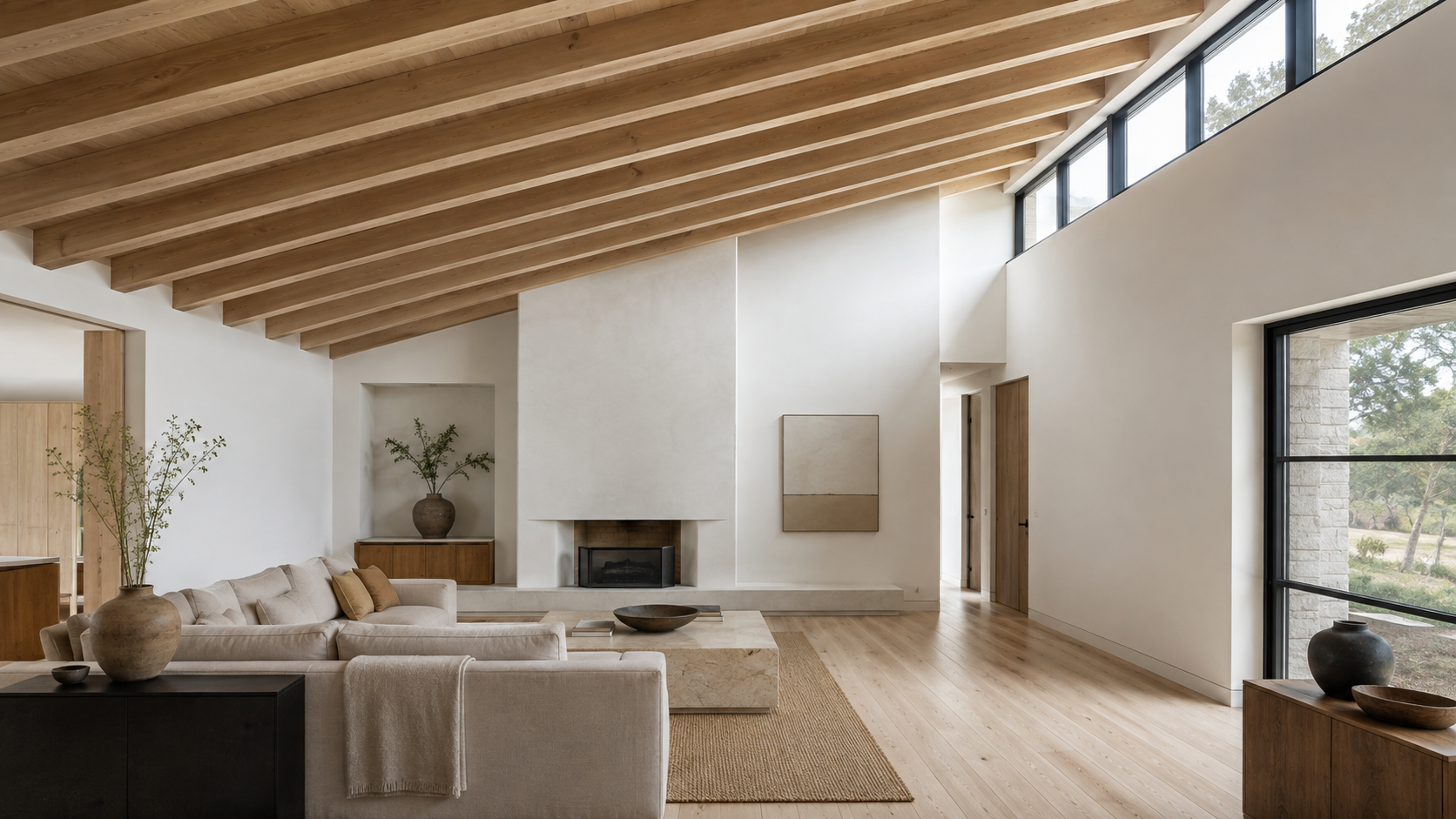 Living room under a sloped shed roof with clerestory windows