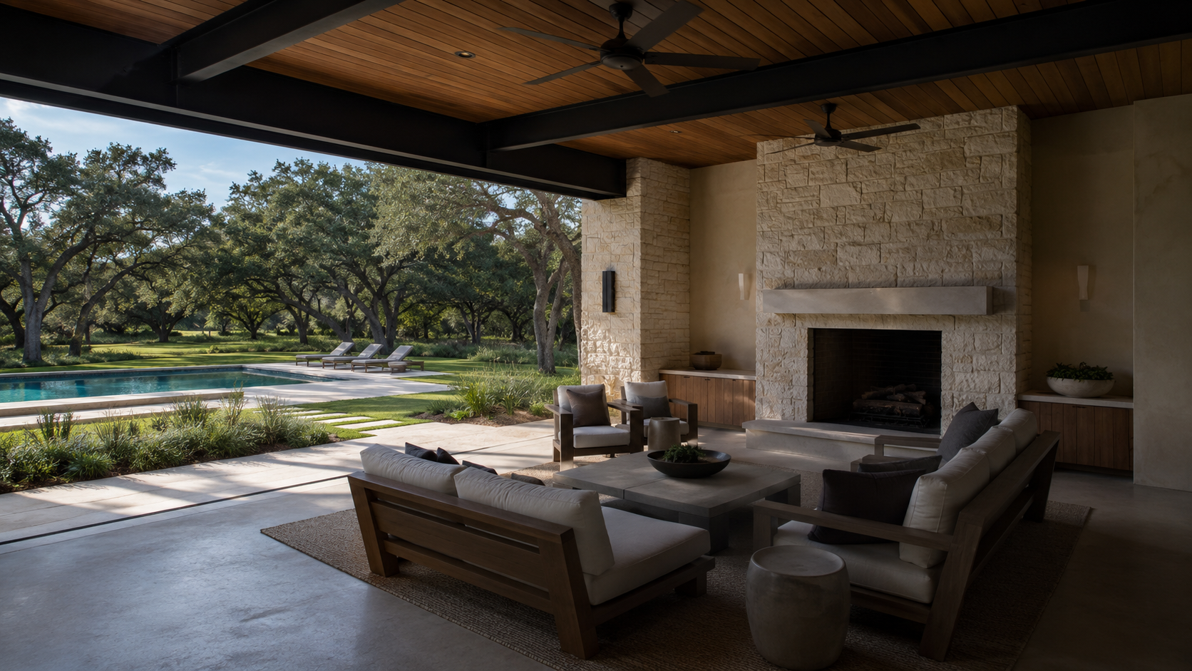 Deep covered outdoor room shading a pool terrace