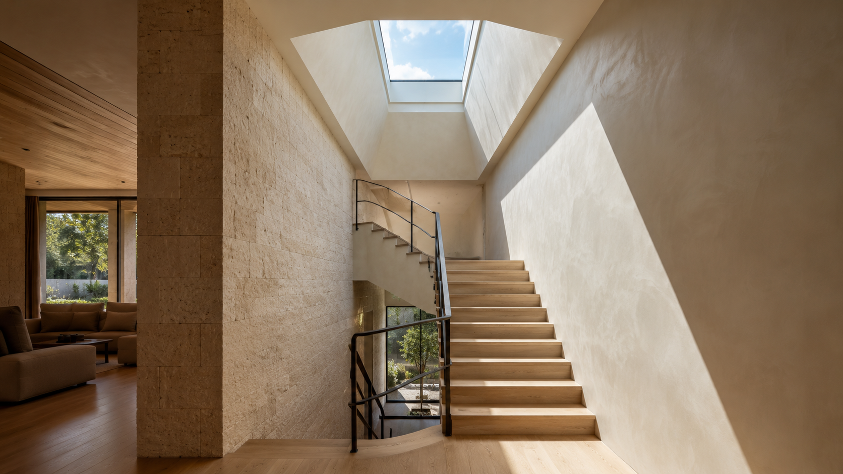 Splayed skylight shaft bringing soft daylight down a custom home stairwell