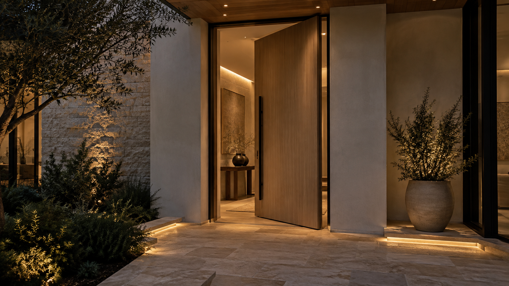 Oversized oak pivot front door under a deep roof overhang at evening