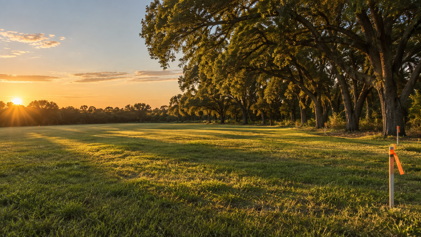 Empty residential building lot at golden hour with survey stakes and mature oaks