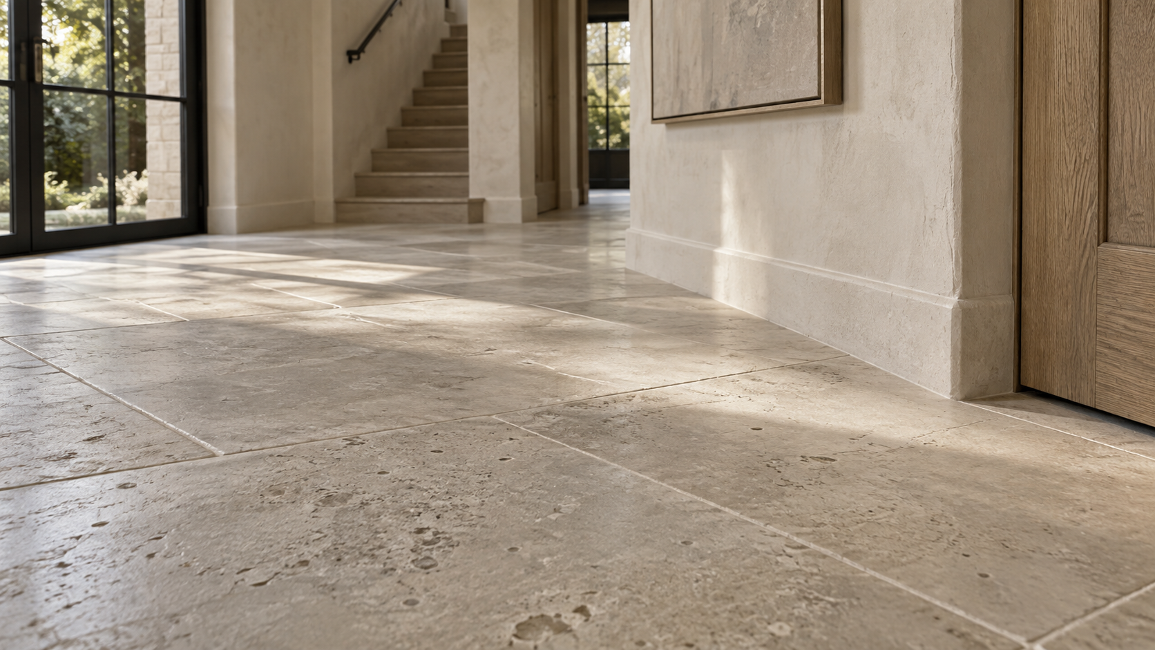 Honed limestone floor detail in a custom home entry hall