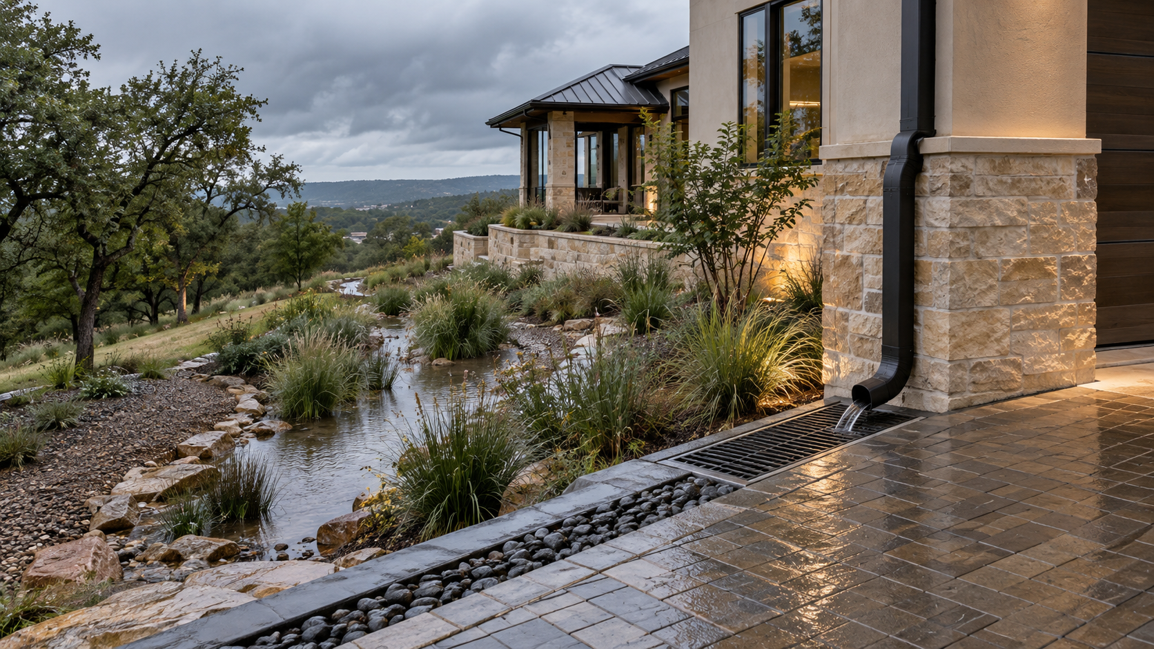 Rain garden and swale draining water away from an elevated house