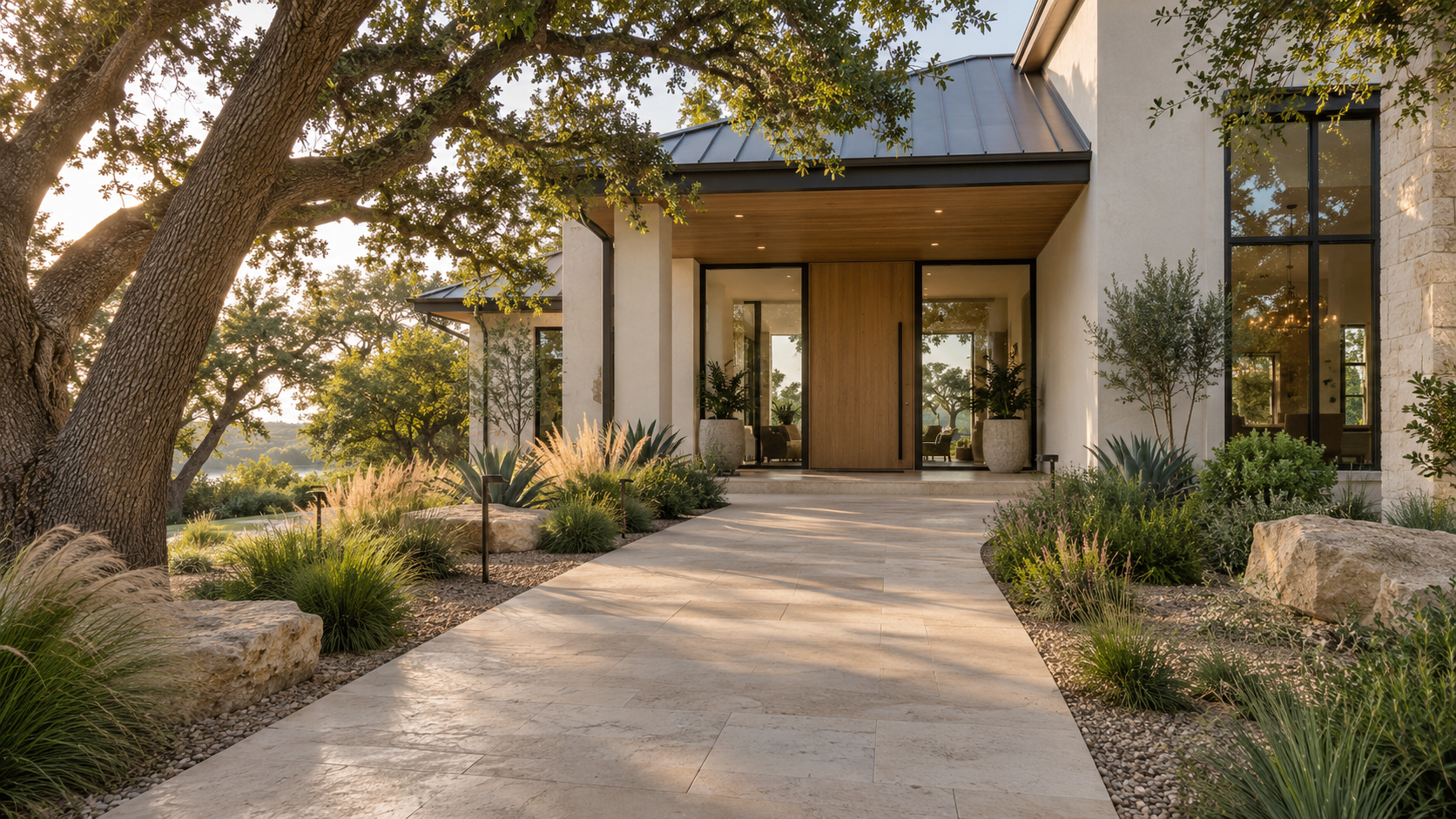 Step-free landscaped approach to a covered front porch