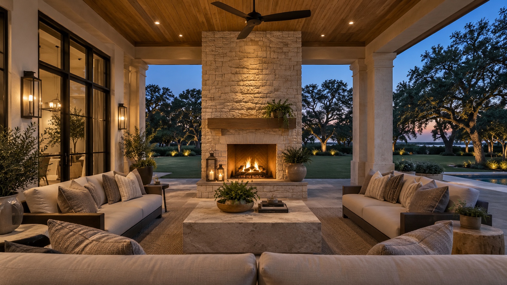 Stone outdoor fireplace on a covered patio at dusk