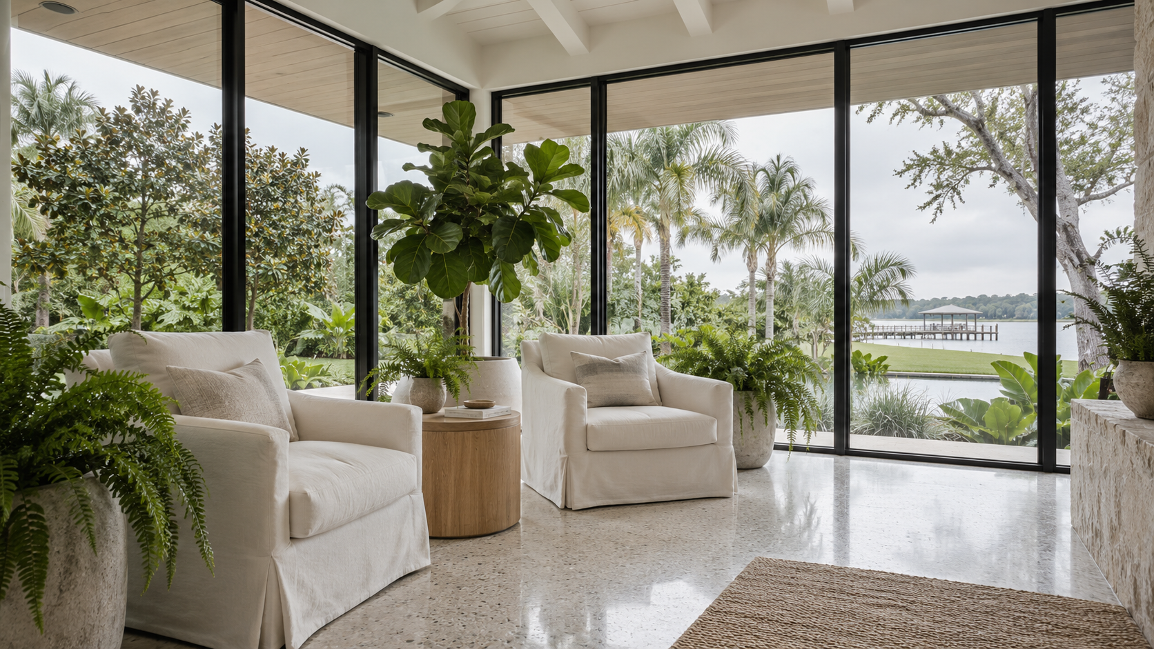 Sunroom with floor-to-ceiling glass under a deep overhang, looking out onto a lush garden