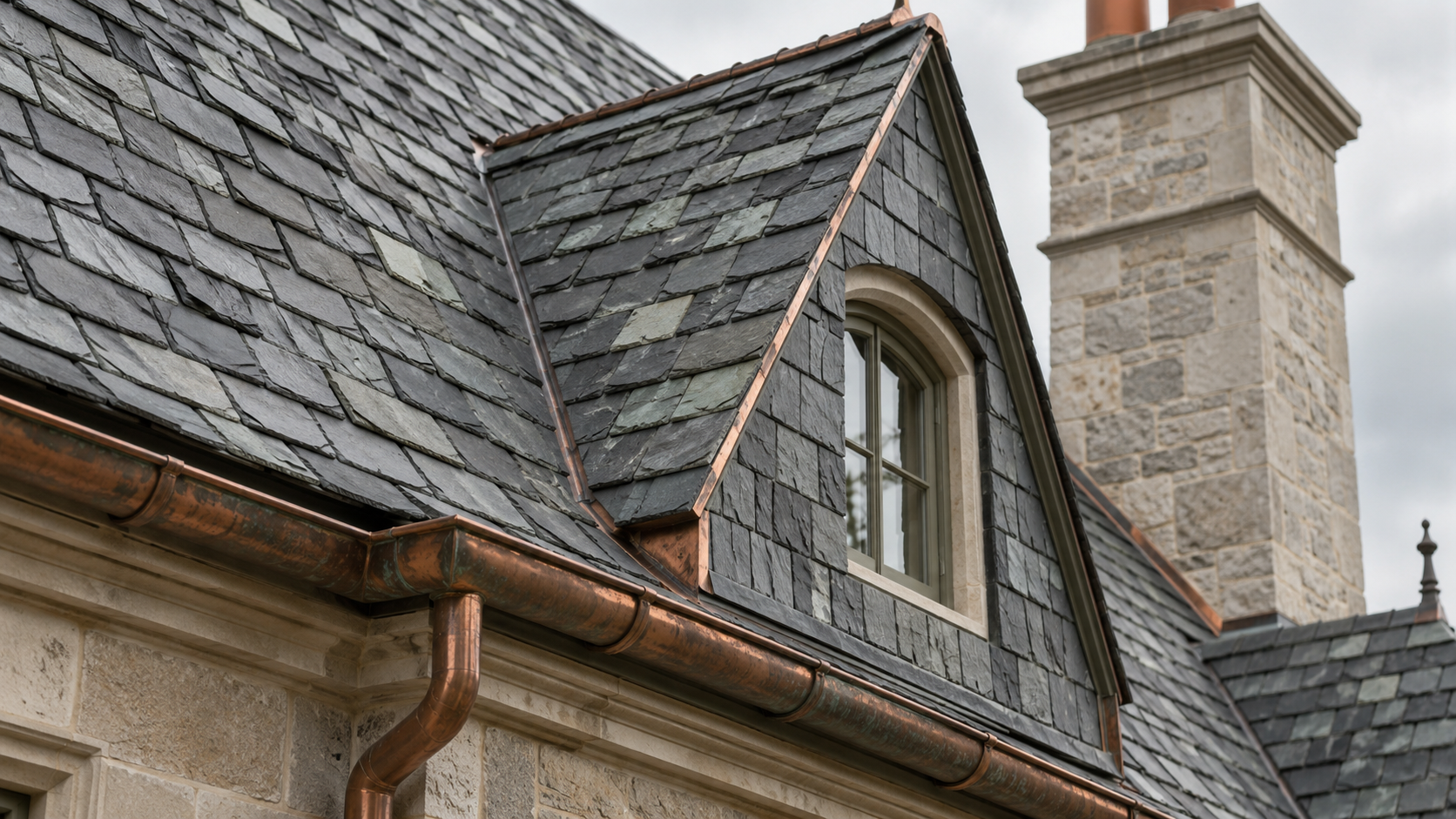 Close detail of a natural slate roof with copper flashing on a dormer