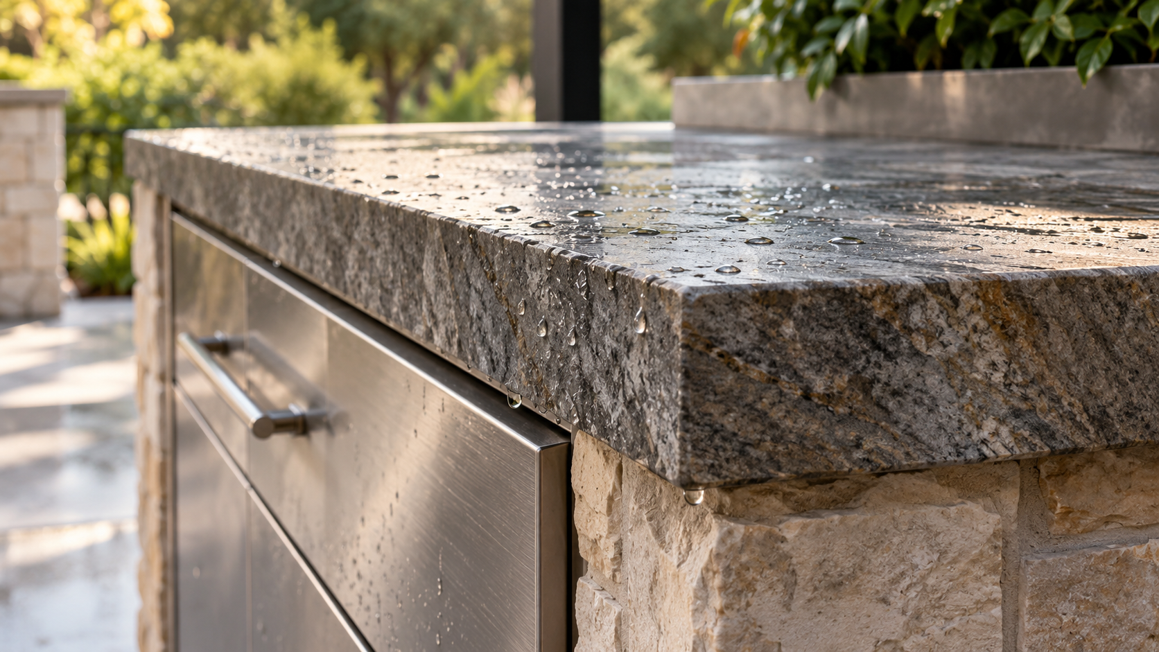 Close-up of leathered quartzite counter over brushed stainless drawers with rain droplets