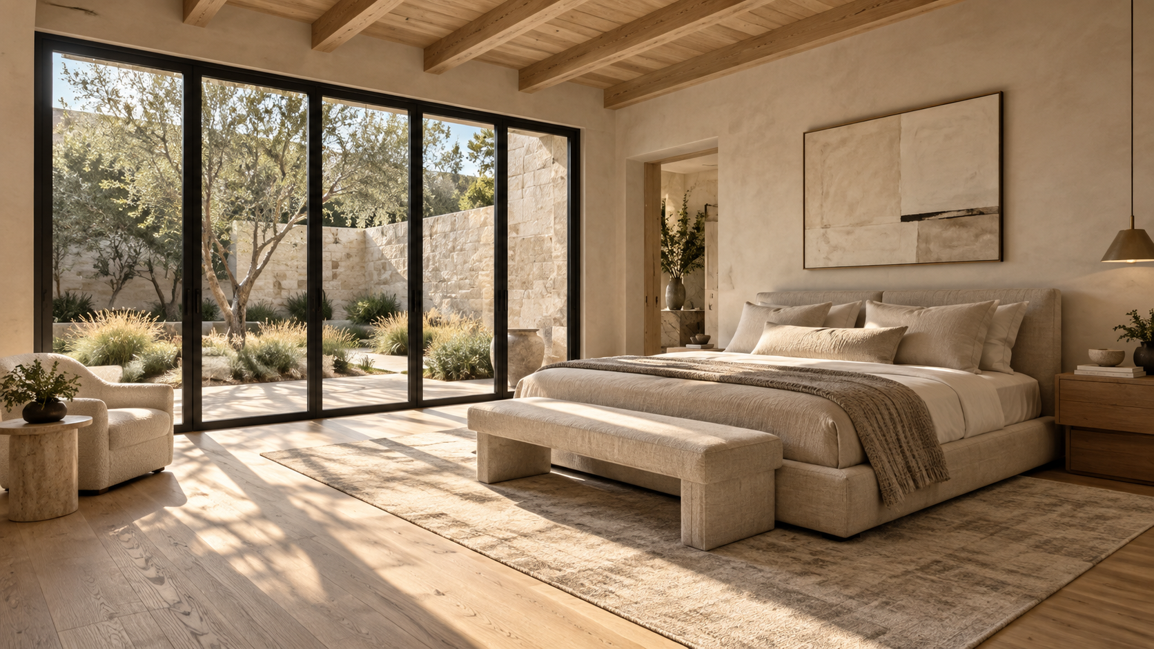 Ground-floor primary bedroom opening through steel glass doors to a private garden