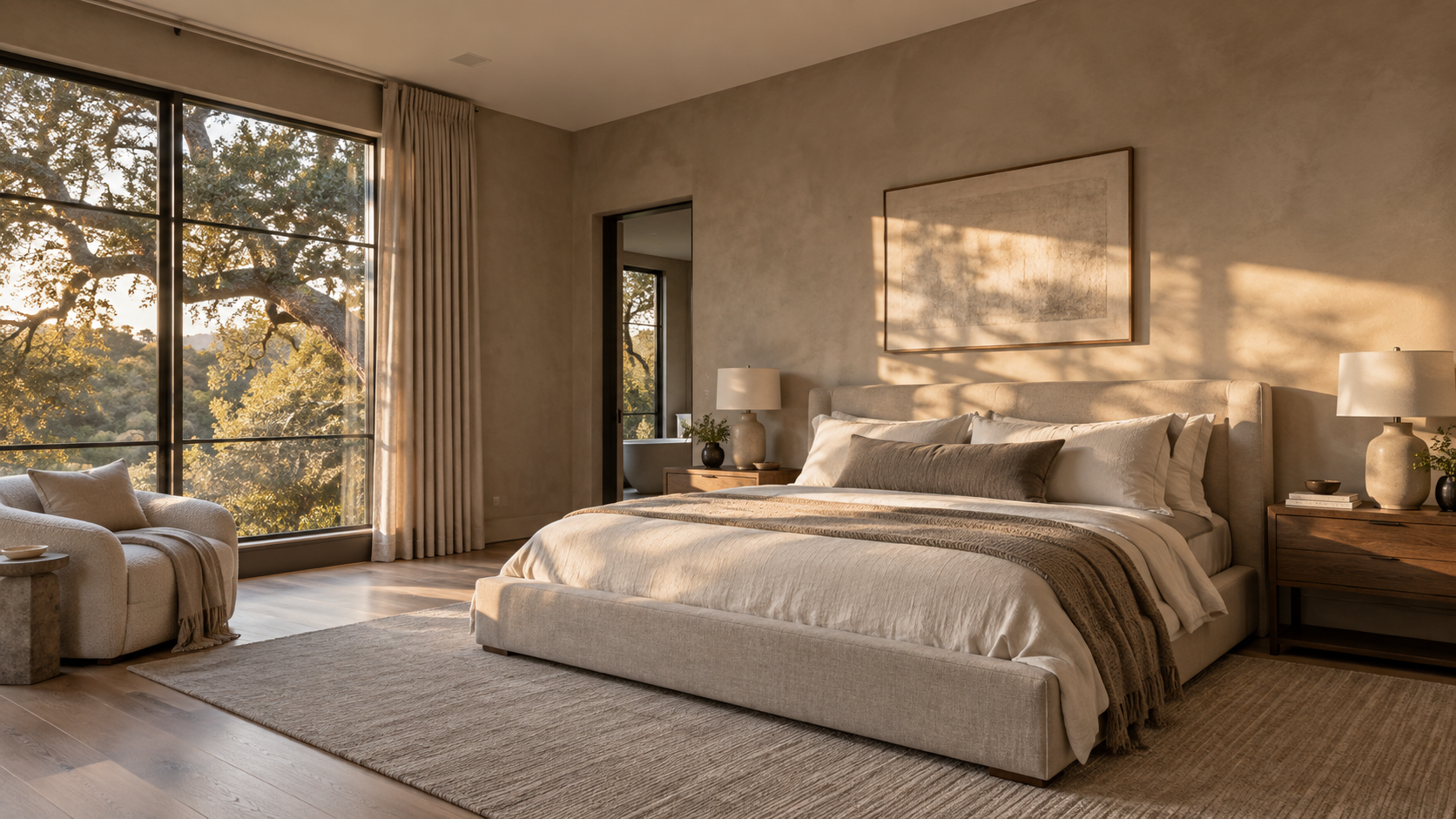 Primary bedroom in mushroom taupe limewash with late-afternoon sunlight