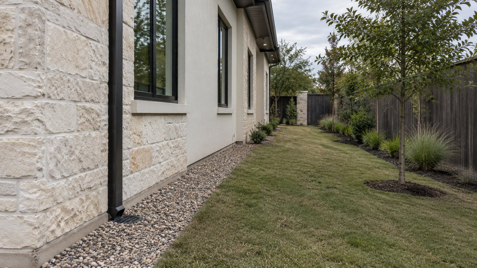 Side yard graded away from a limestone custom home with a gravel strip and landscape drain