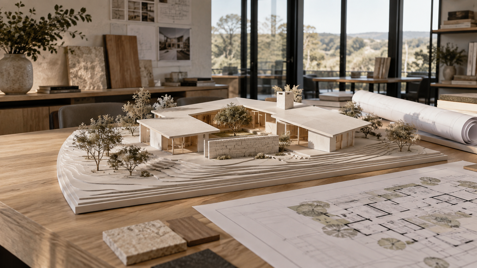 White study model of a courtyard home on a contoured site base in an architecture studio