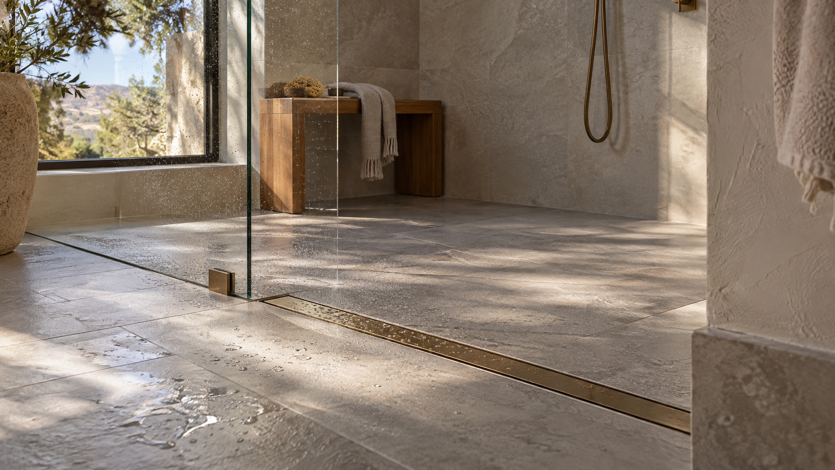 Curbless shower entry with flat tile floor and brushed bronze linear drain